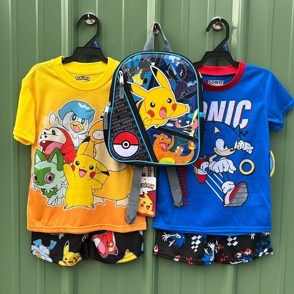 Pokémon Backpack & Sonic Graphic Print Tee & Shorts Sleep 2, 2-Piece Sets XS - Picture 1 of 10